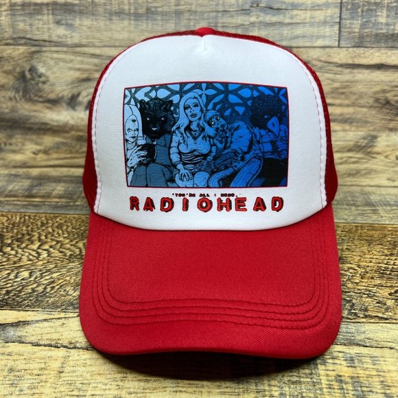 Radiohead Mens Trucker Hat Red Snapback You're All Dead Creep Baseball Cap - Picture 2 of 8
